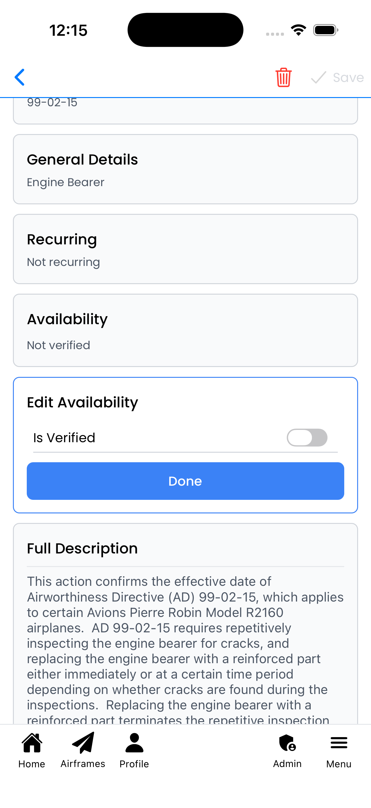 Edit Availability panel