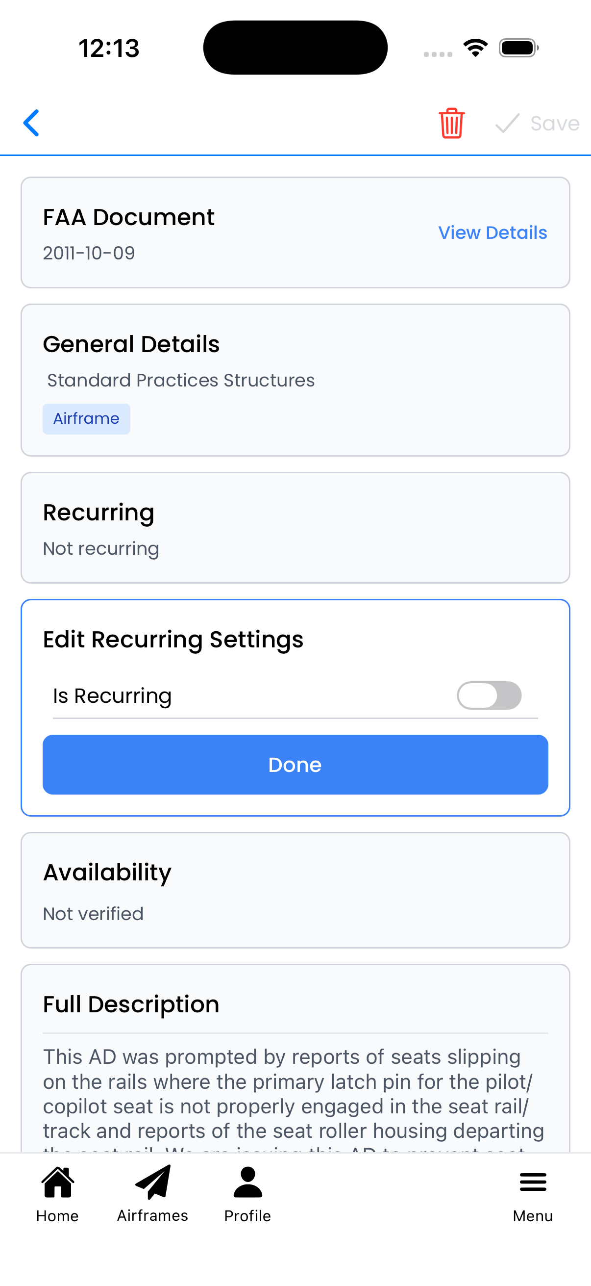 Edit Recurring Settings panel
