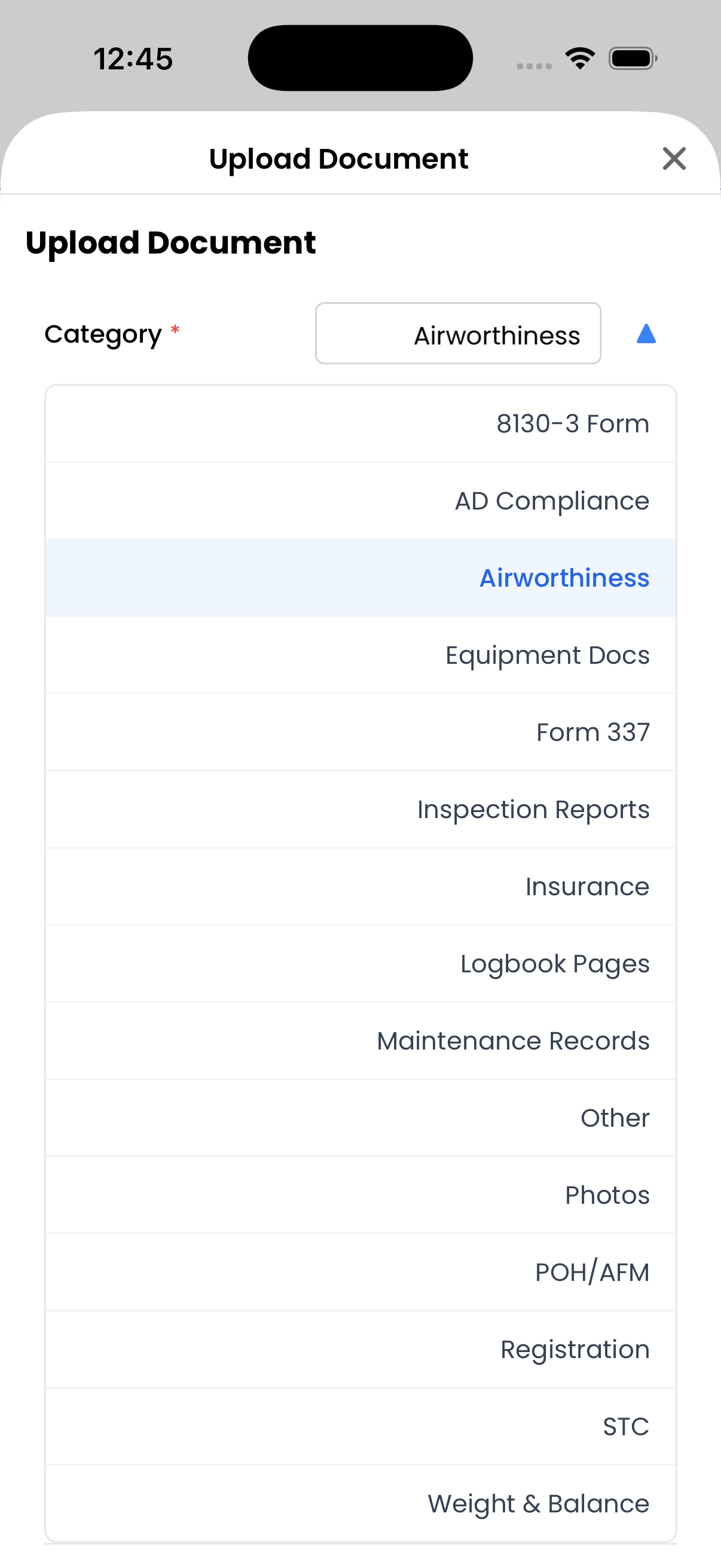 Category dropdown list