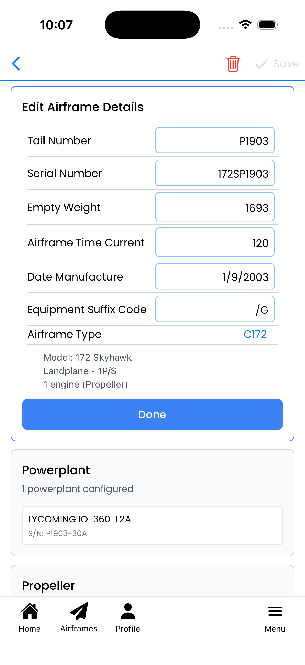 Edit Airframe Details form