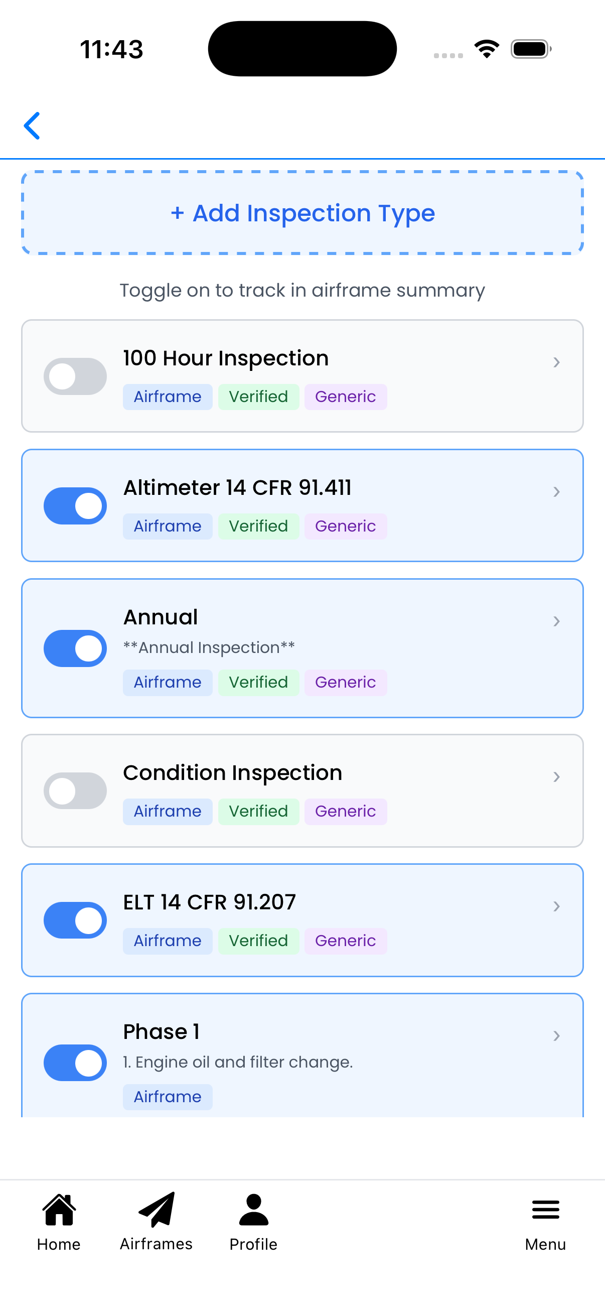Toggle switches for inspection tracking
