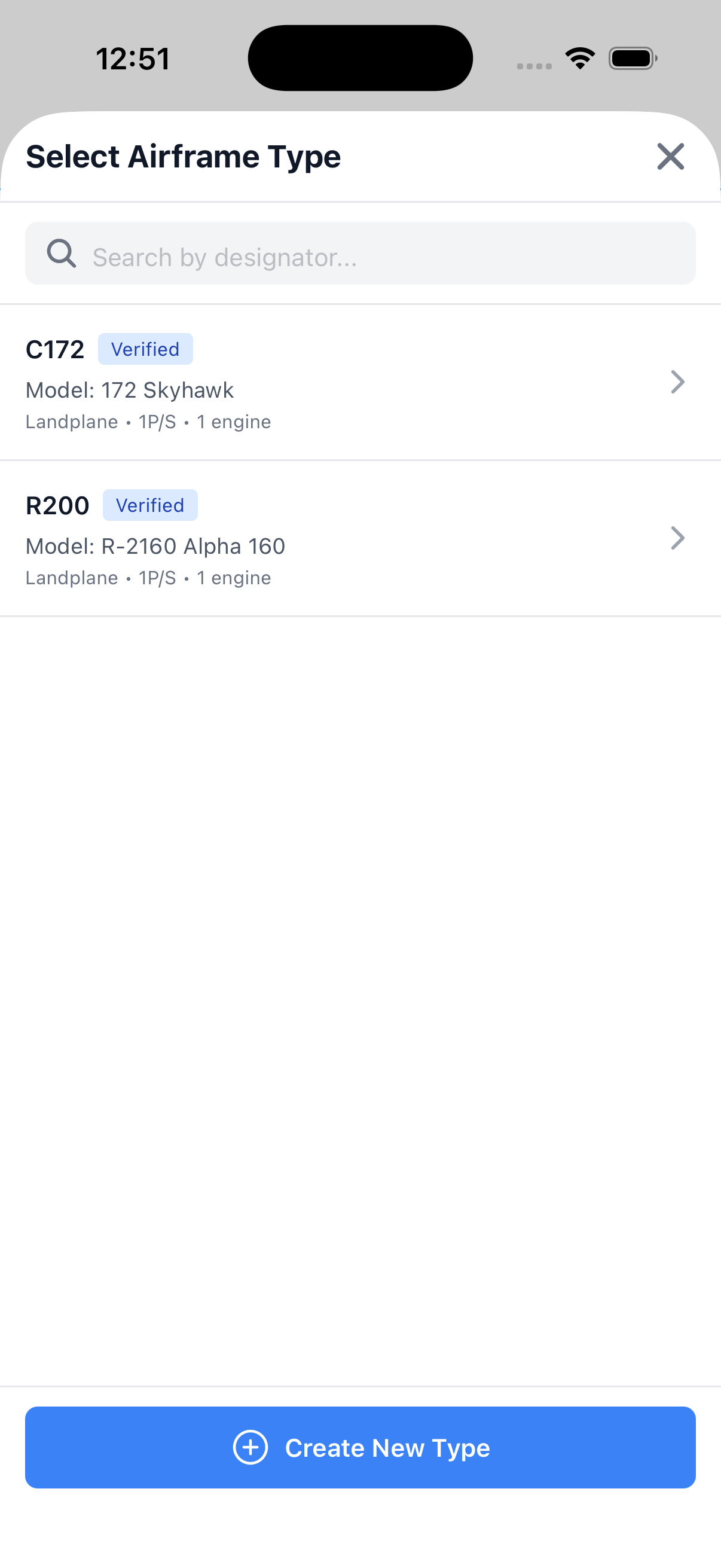 Select Airframe Type picker