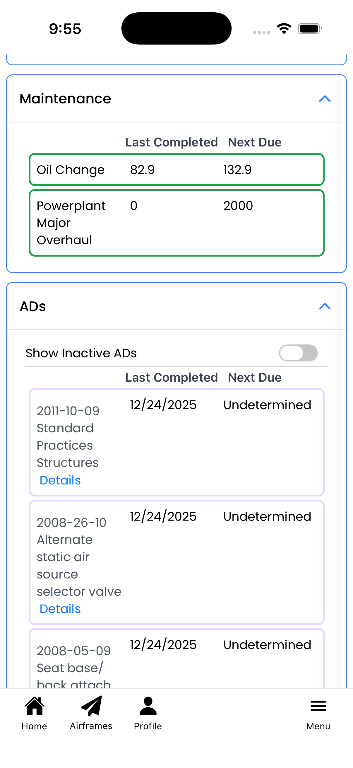 Maintenance and ADs sections