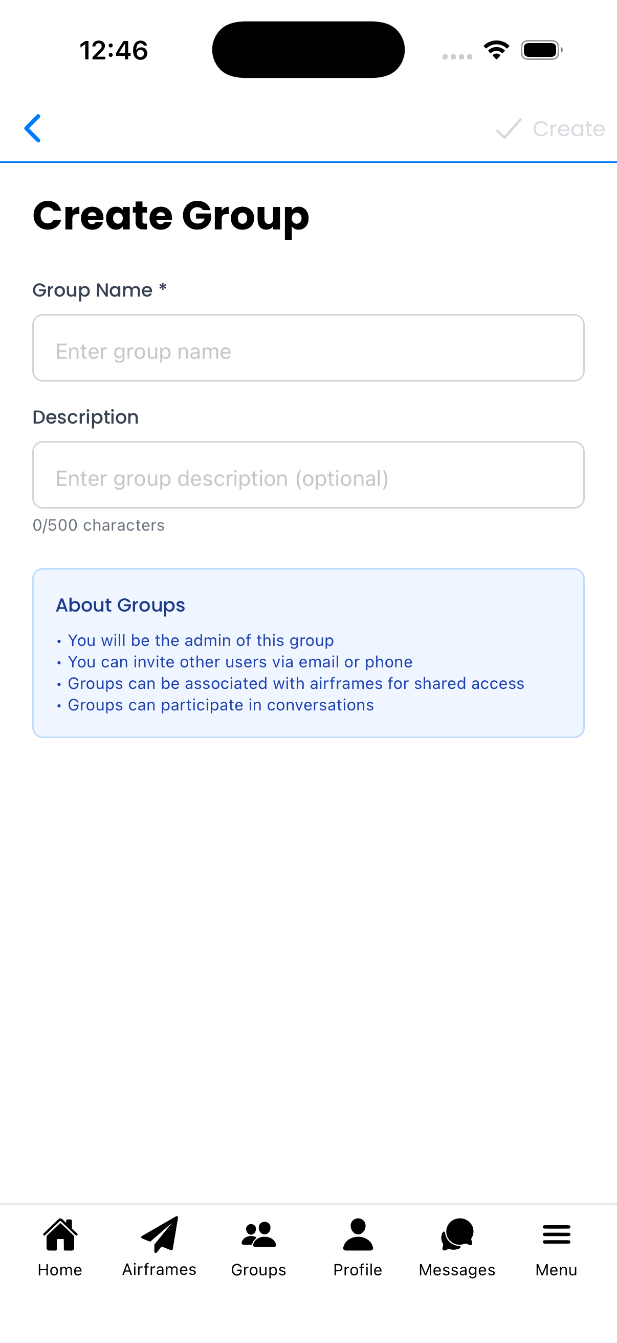 Create Group screen