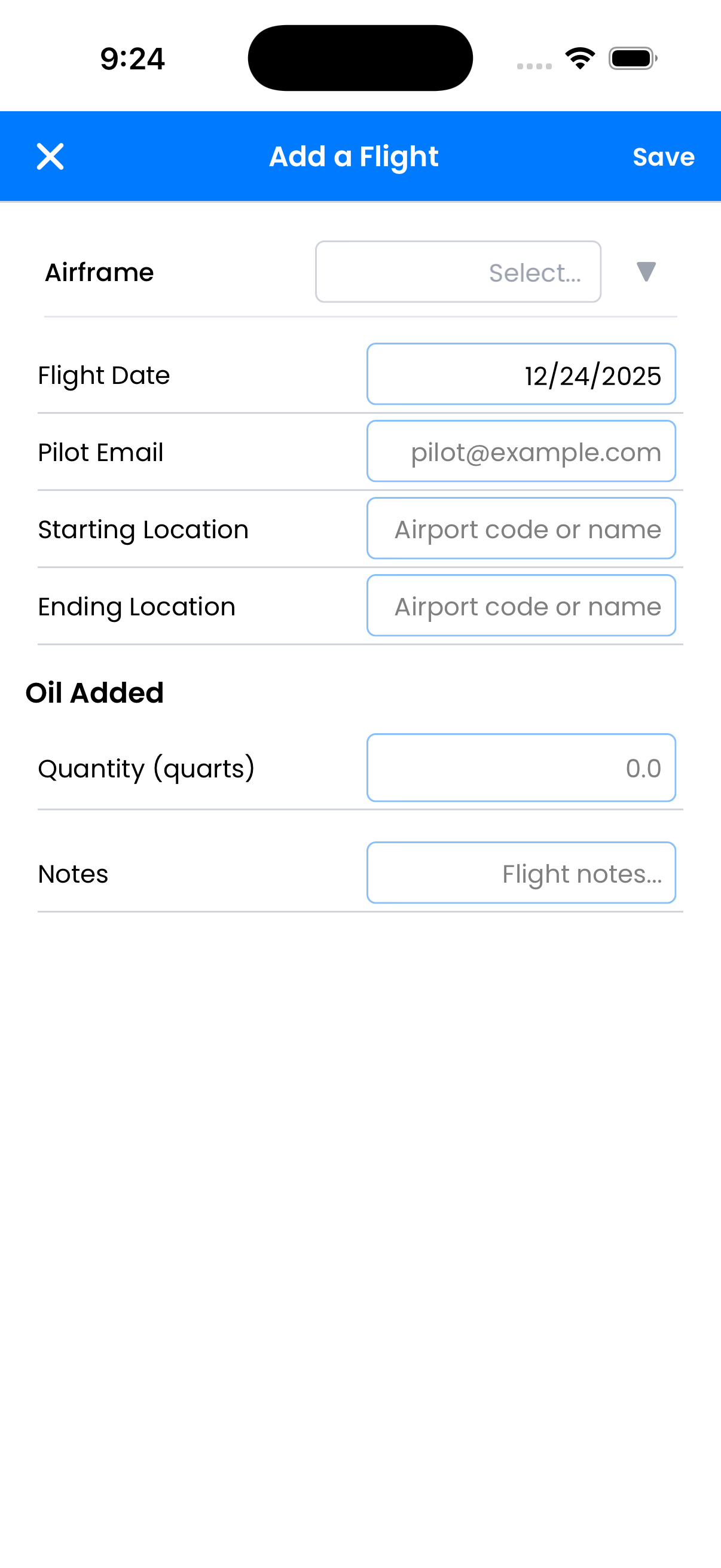 Add Flight modal showing form fields