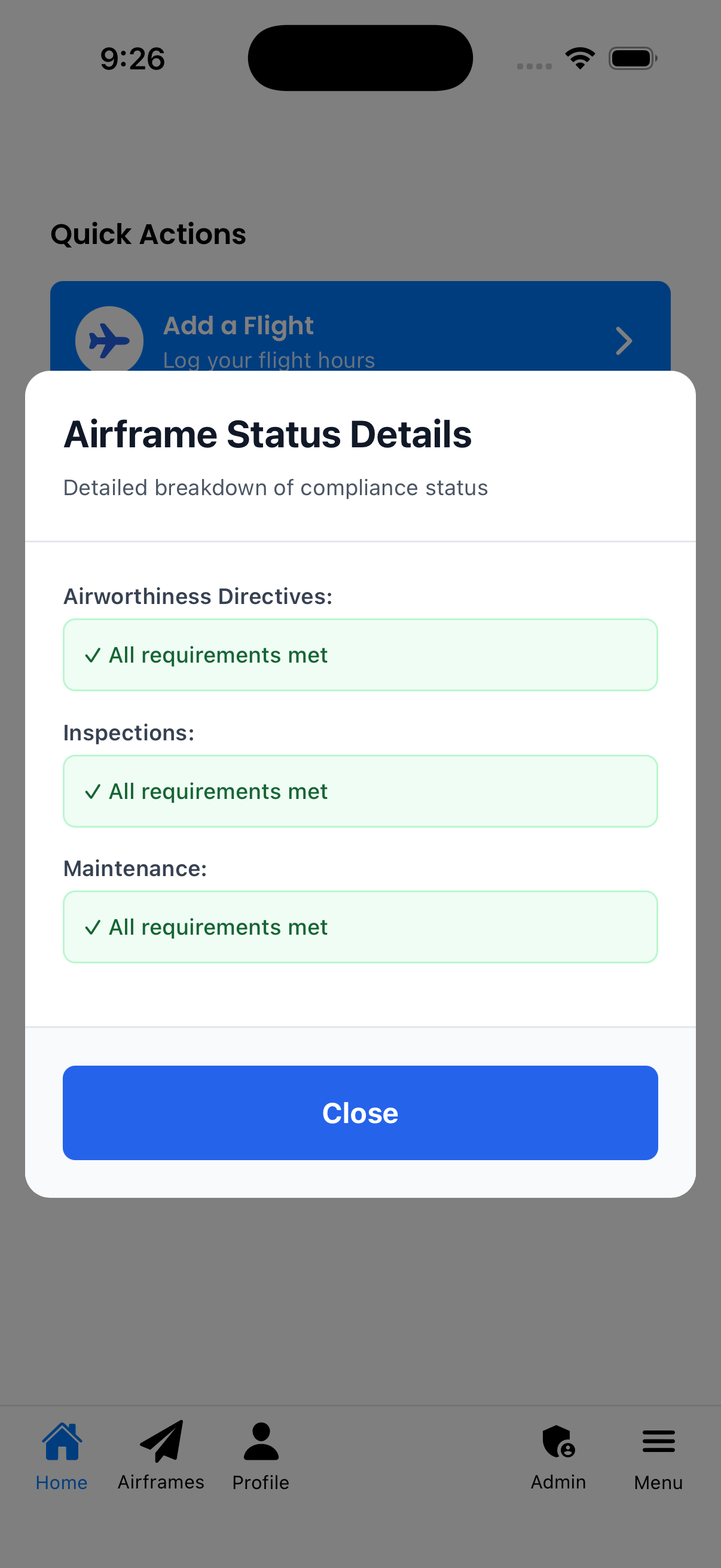 Airframe Status Details modal showing compliance breakdown
