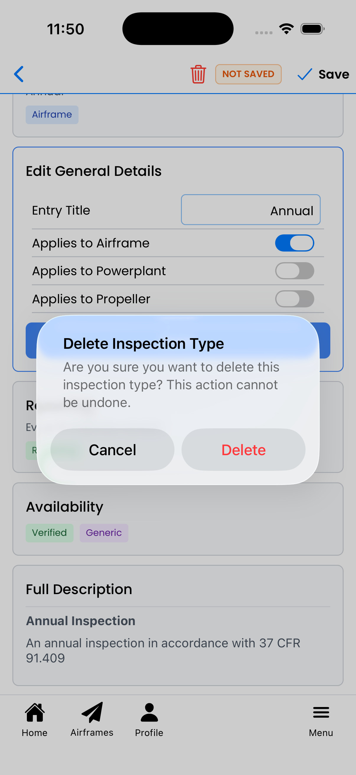 Delete confirmation dialog