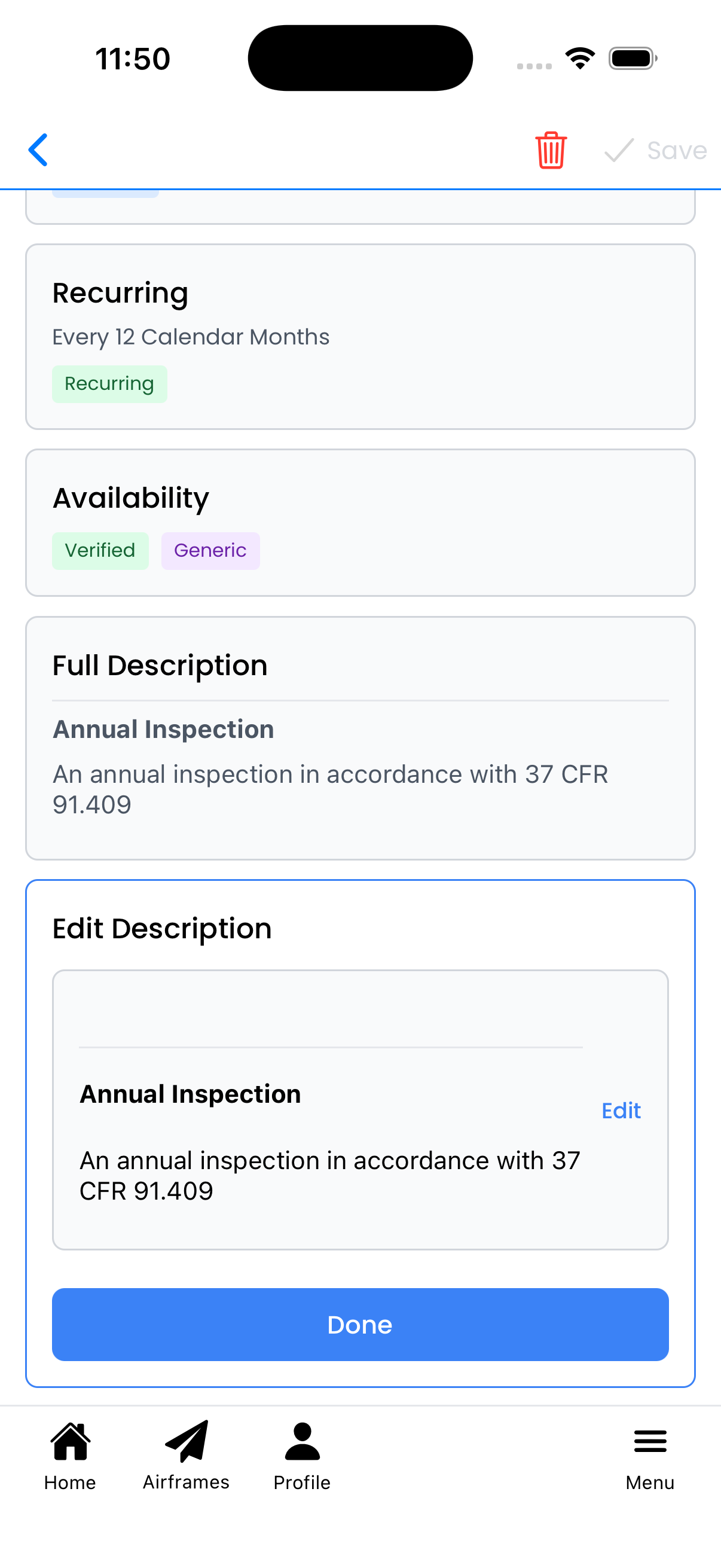 Edit Description panel