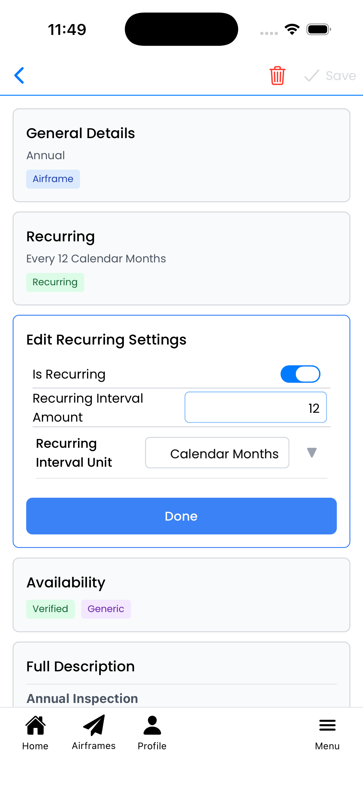 Edit Recurring Settings panel