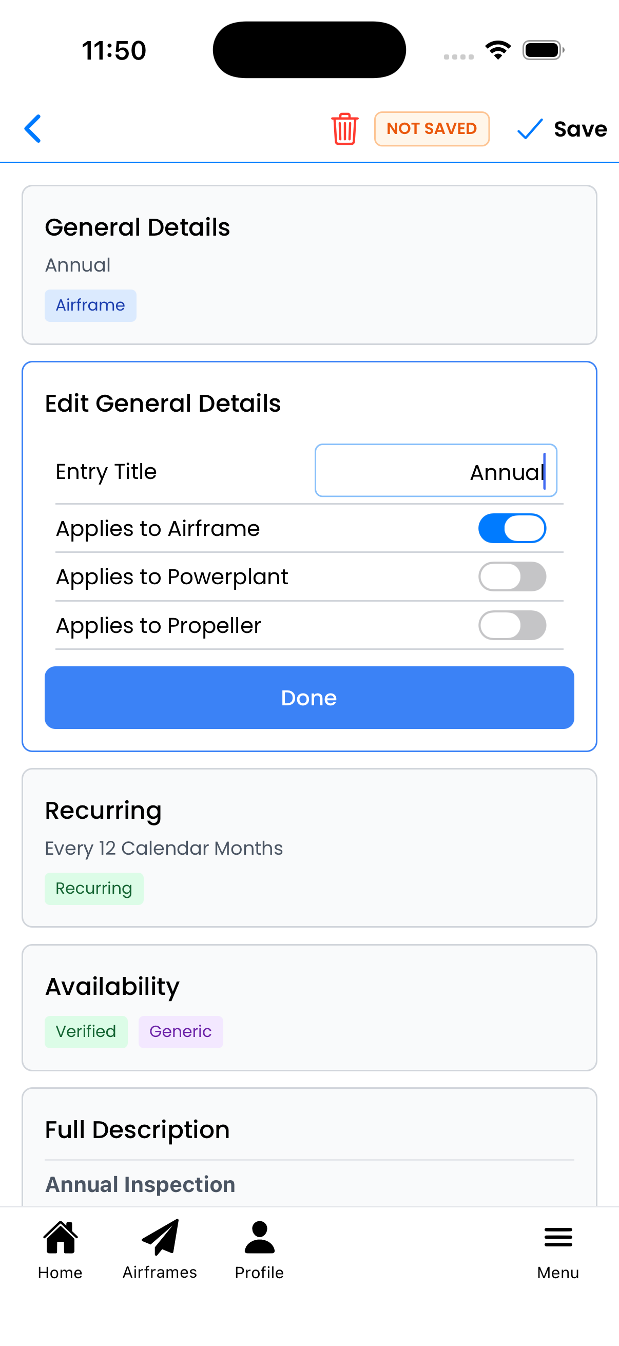 NOT SAVED indicator in header