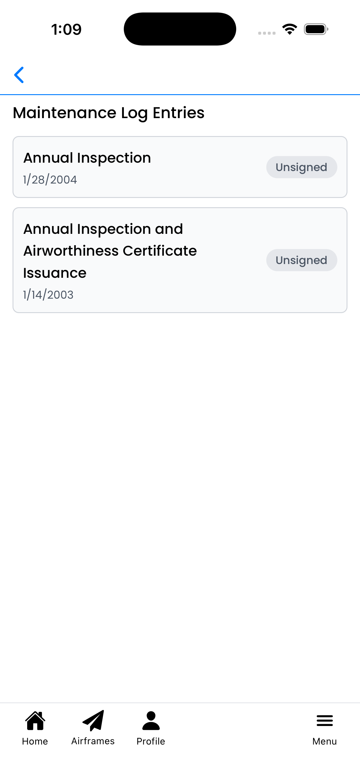 Maintenance log entries list