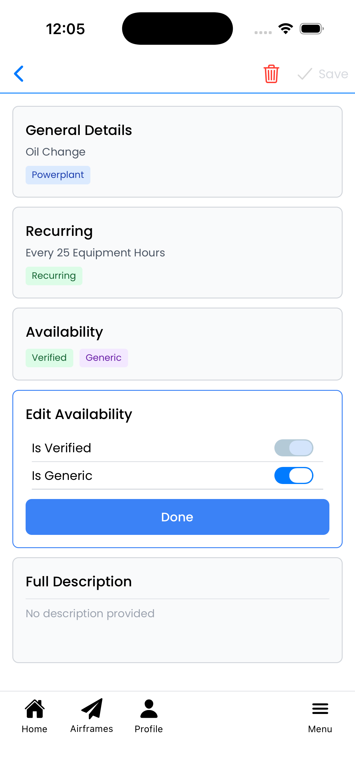 Edit Availability panel