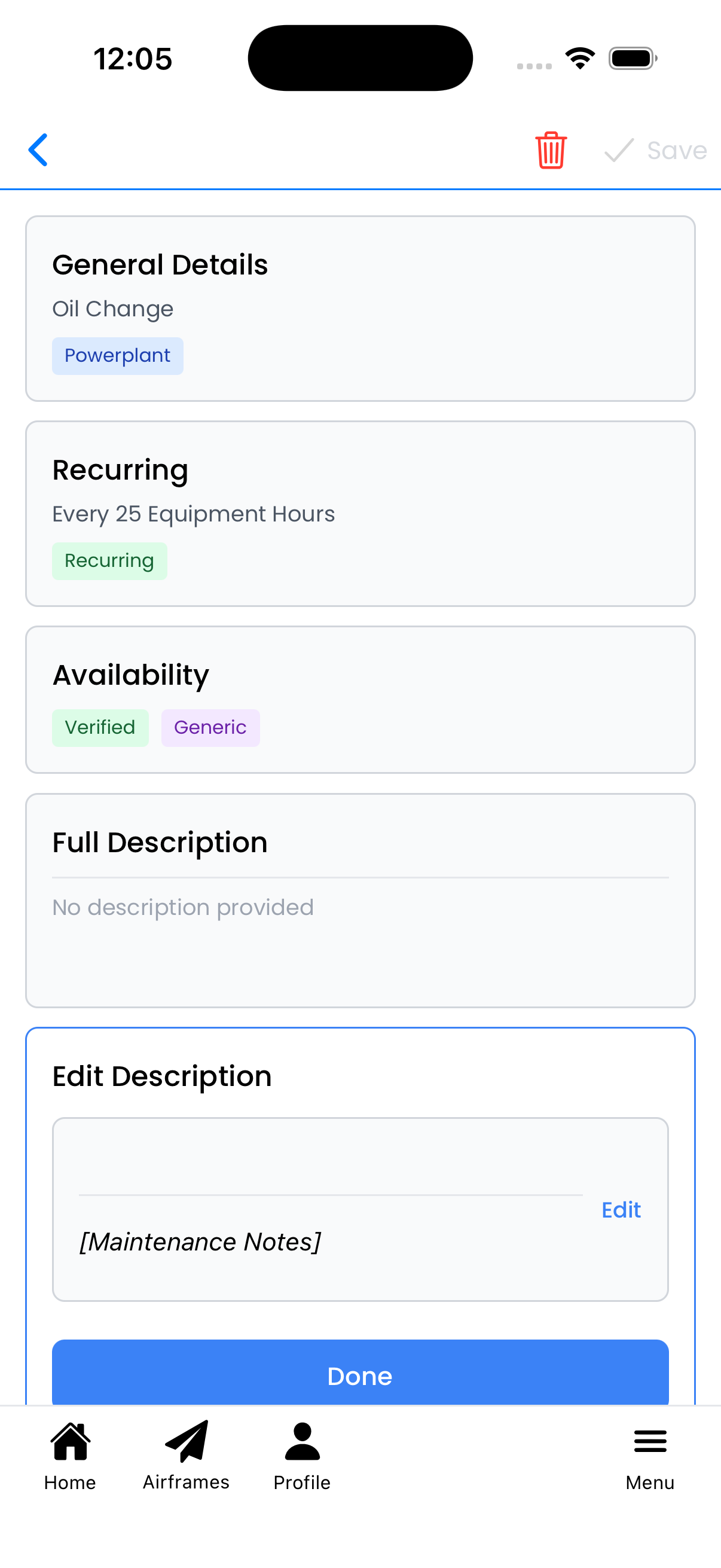 Edit Description panel