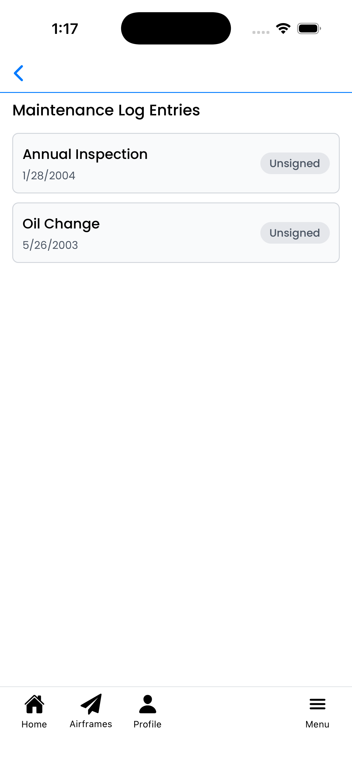 Maintenance log entries list