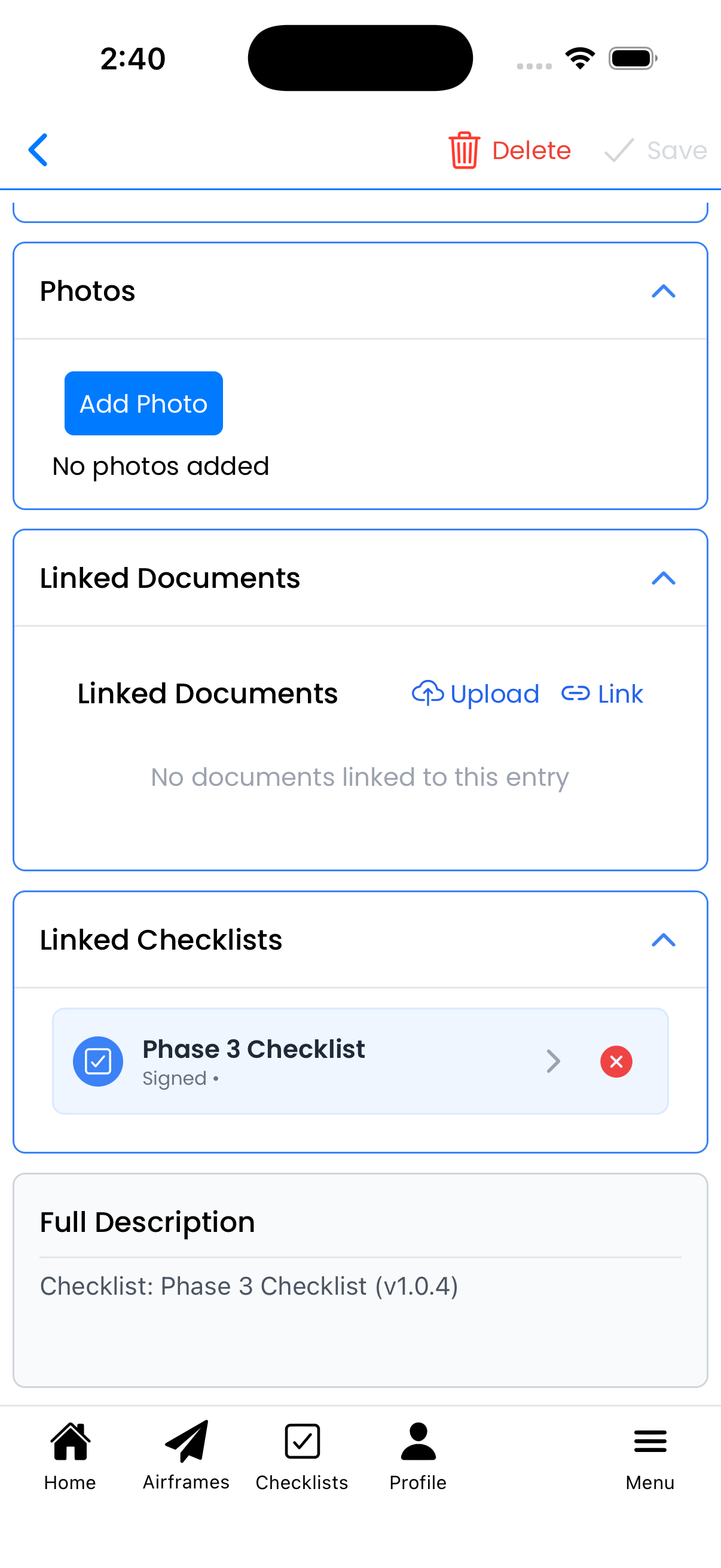 Linked Checklists section