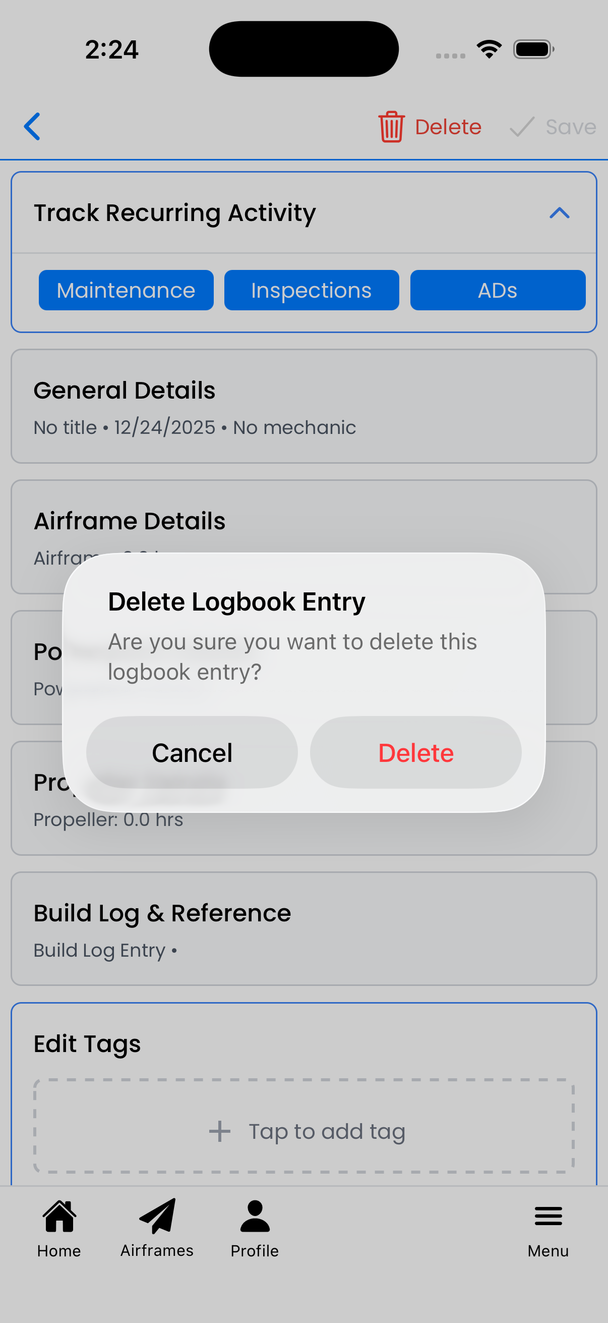 Delete confirmation dialog