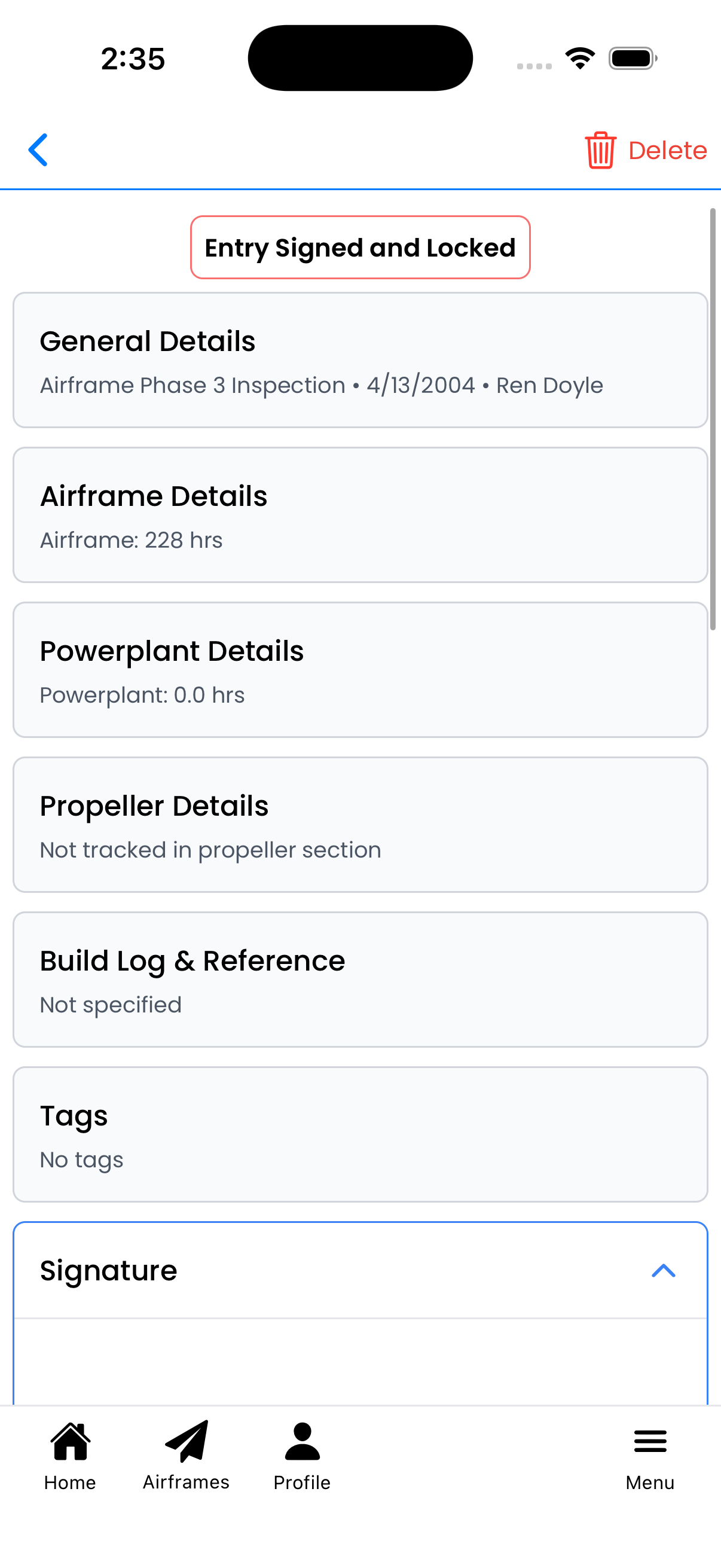 Entry signed and locked