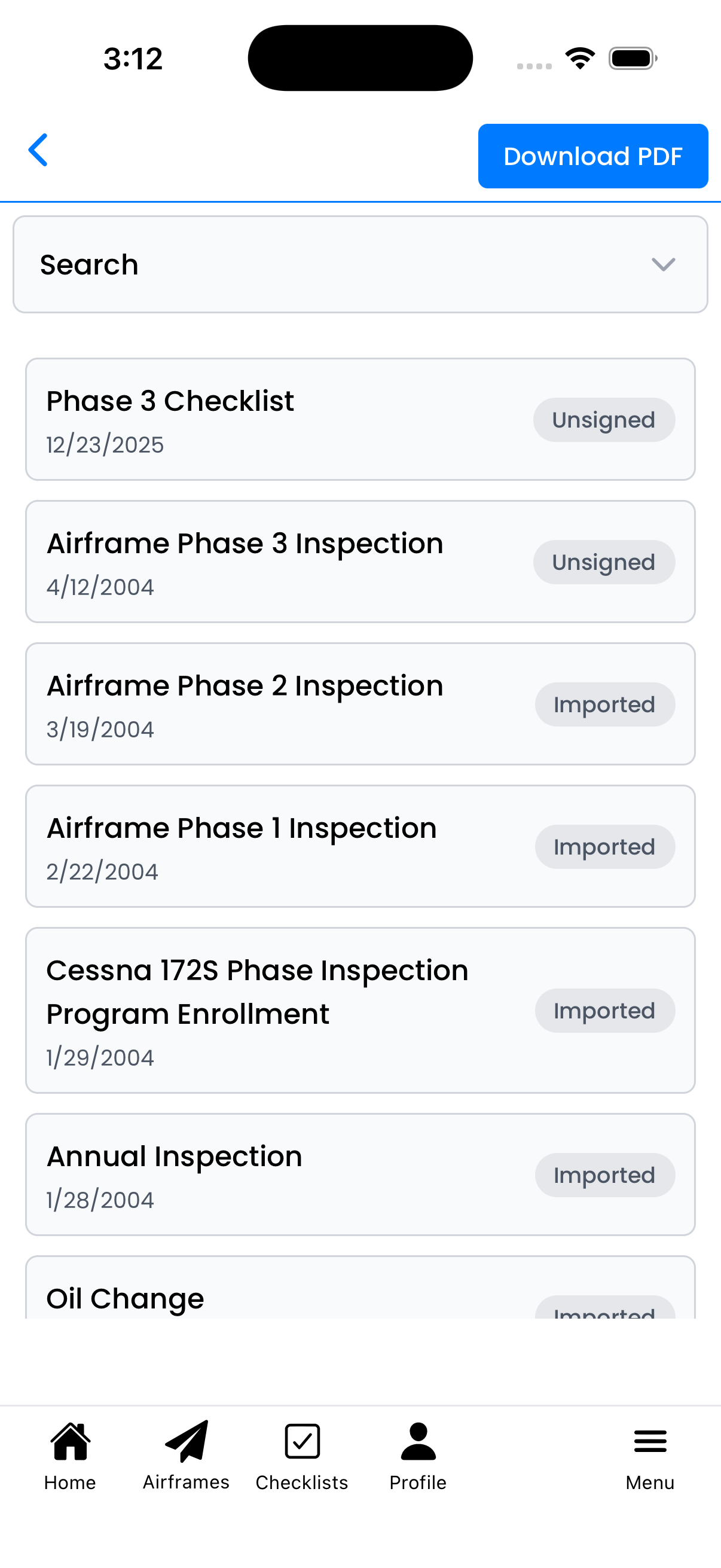 Maintenance entry list