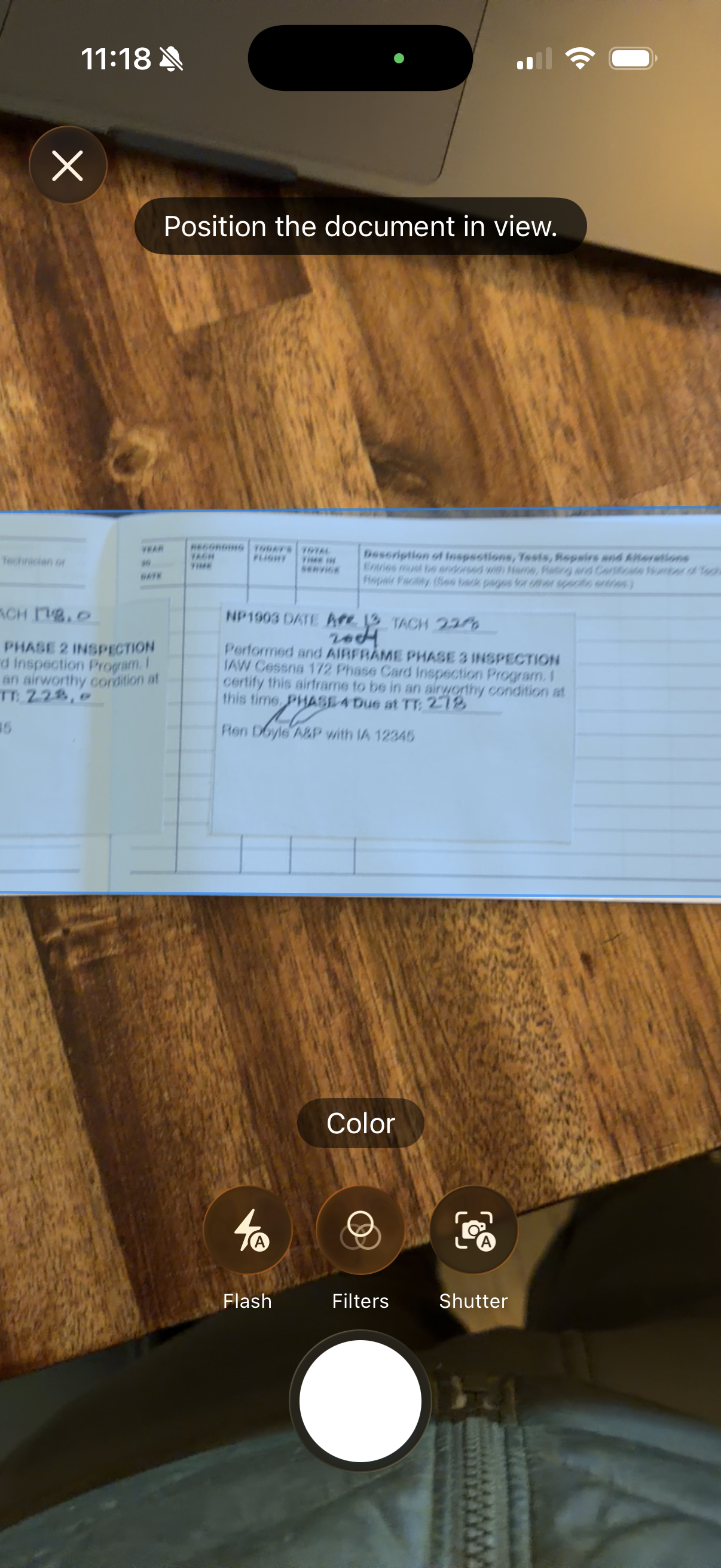 Document scanner camera view